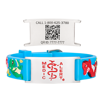 QR Code Child Titanium Medical ID Bracelet Blue Dino, Blue Dino, large image number 0